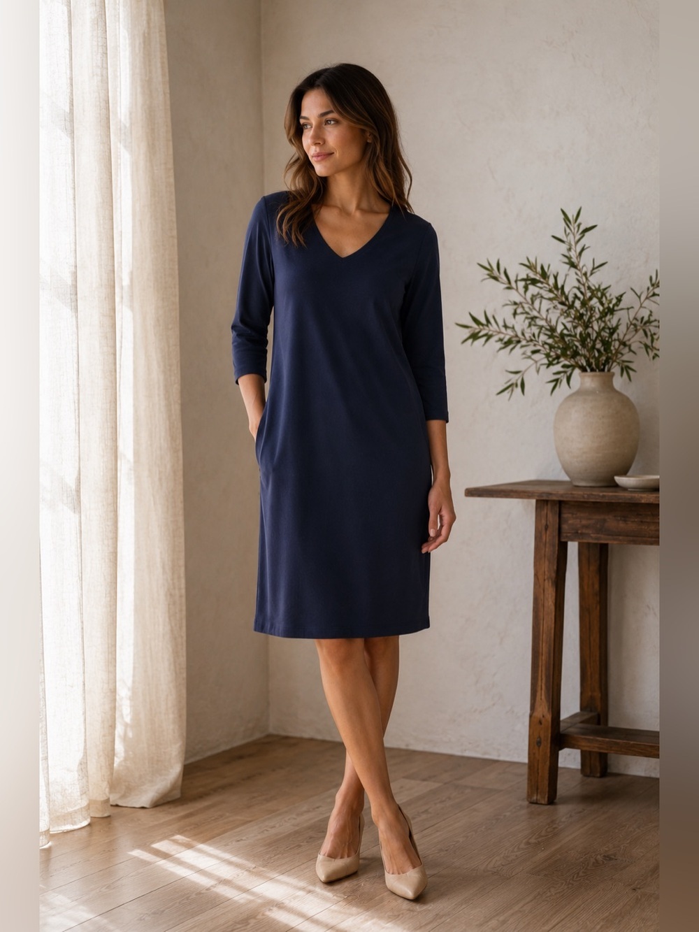 Eileen Fisher XS Tall Navy Blue Jersey Shift Dress Minimalist V Neck Casual - Picture 1 of 7